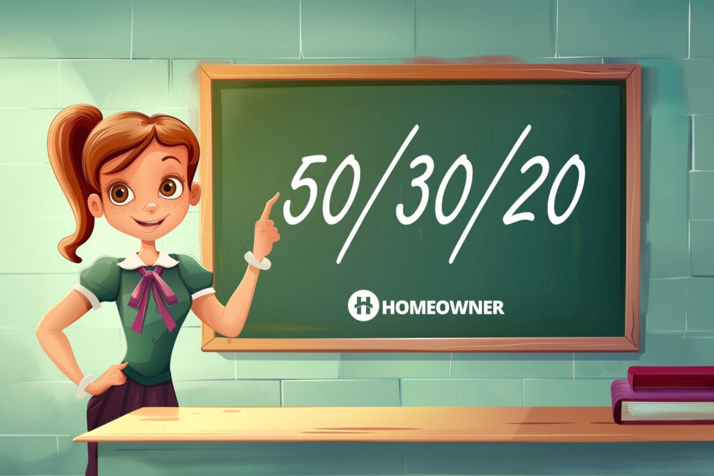 illustration of teacher discussing the 50/30/20 rule