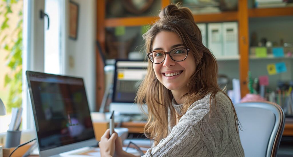 photo of a woman at her desk feeling happy about the Albert app