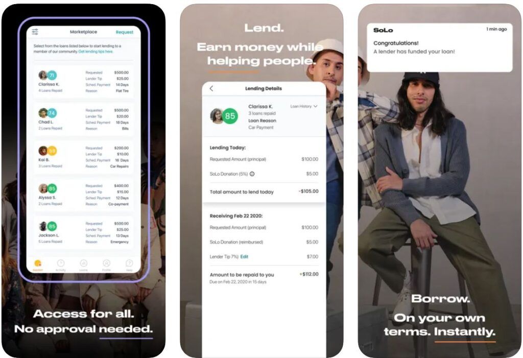 screenshots of the SoLo Funds app