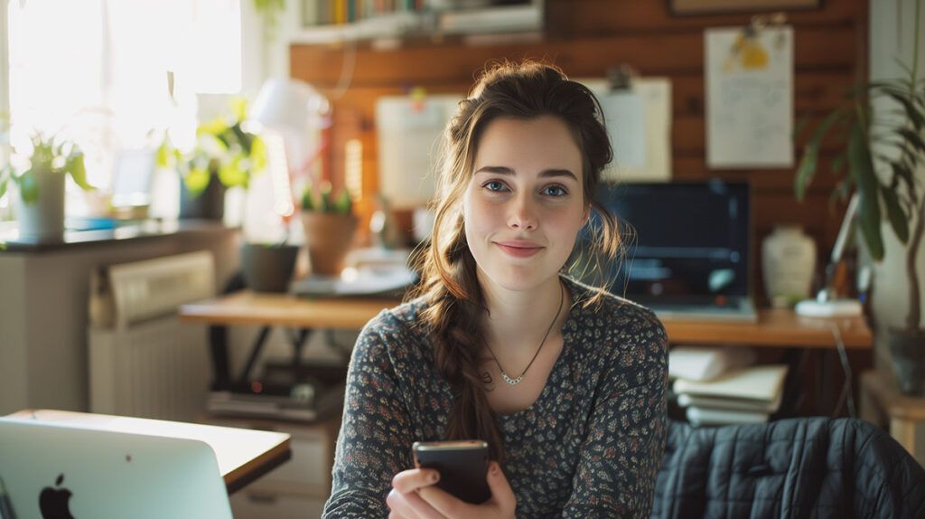 photo of a smiling woman using a cash advance app