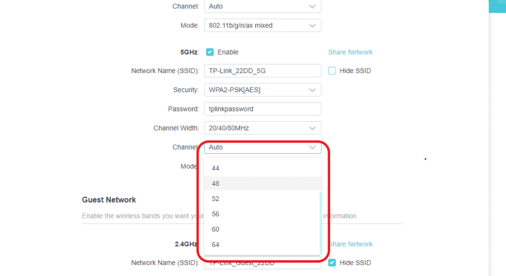 Click on the channel drop-down and choose the least congested channel