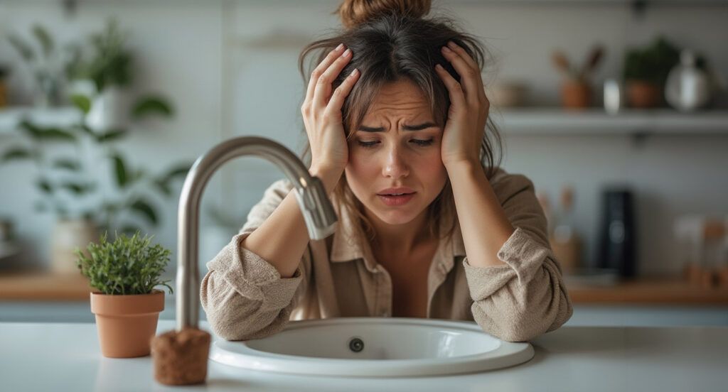 photo of a frustrated homeowner with a clogged drain