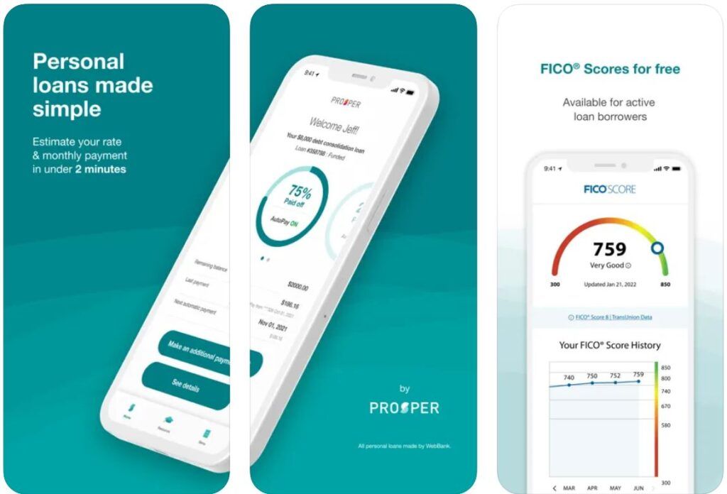 screenshots of the Prosper app