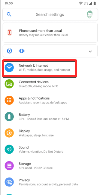 Go to Network & Internet option