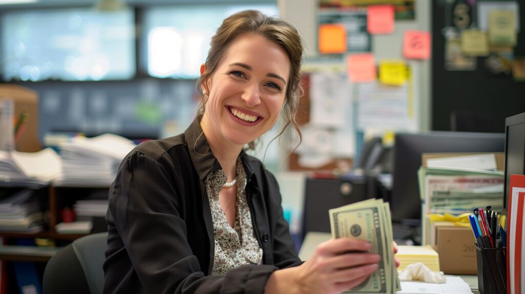 photo of a woman with a cash advancement from Dave