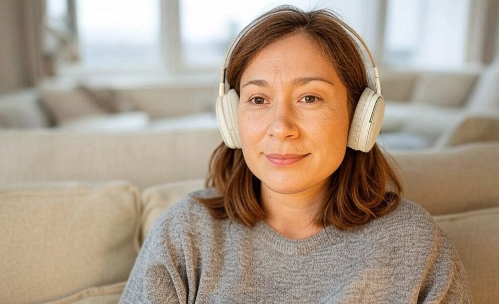 photo of a woman wearing wireless headphones on the couch