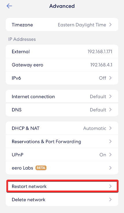 Choose Restart Network option