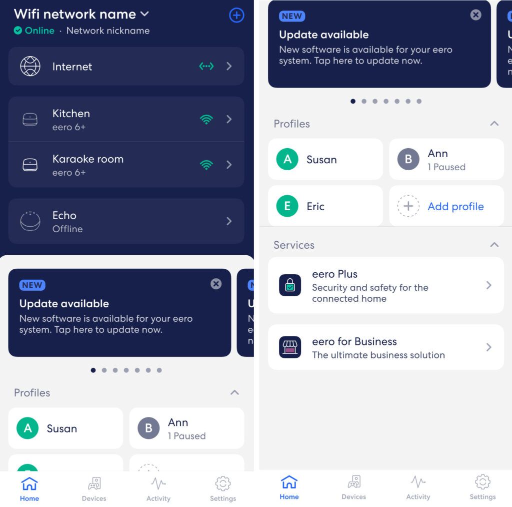 screenshots of the Eero app