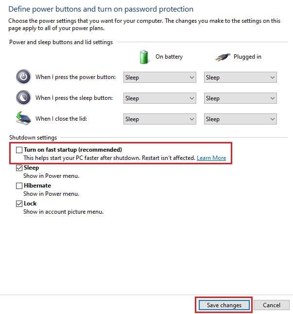 Uncheck the Fast startup option