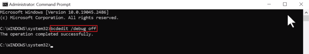 command bcdedit debug off