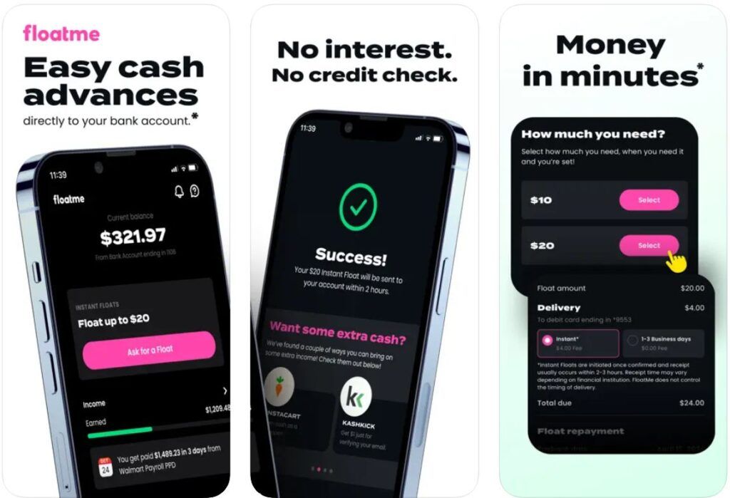 screenshots of the FloatMe app