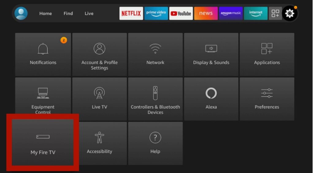 Fire TV settings menu