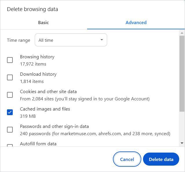 screenshot of clearing the cache in a Chrome browser