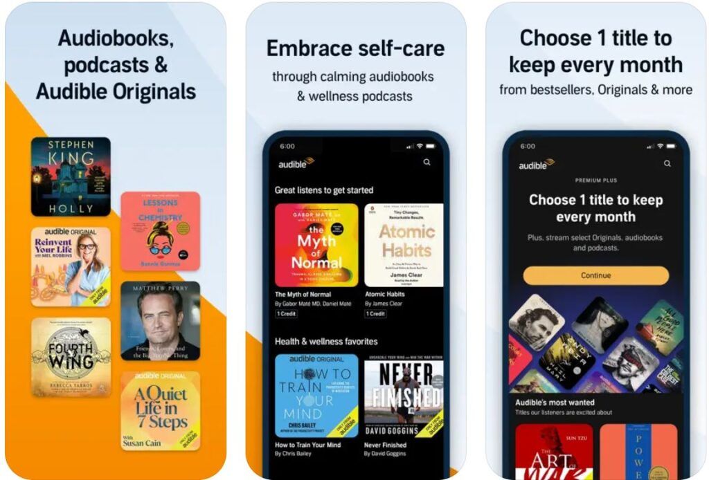screenshots from the Audible app