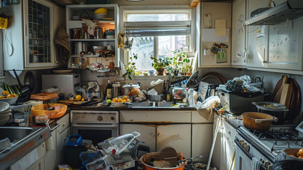 photo of a very messy kitchen caused by tenant's neglect
