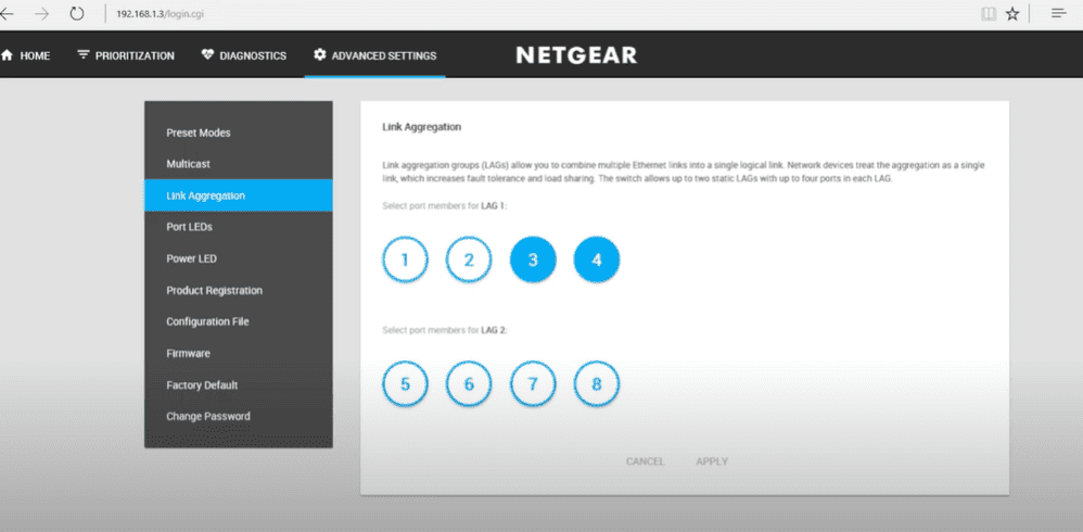 Select the ports you want to aggregate
