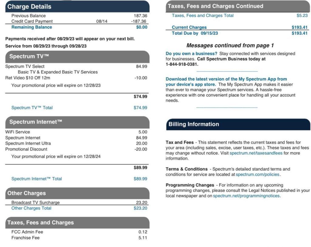 A client's Spectrum bill for TV and Internet services