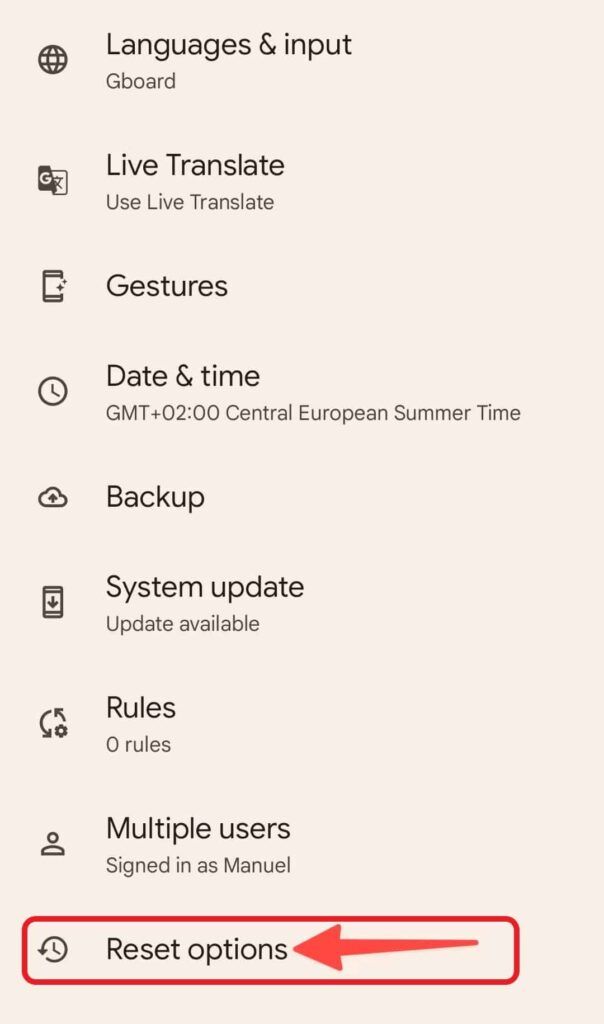In System, choose reset options