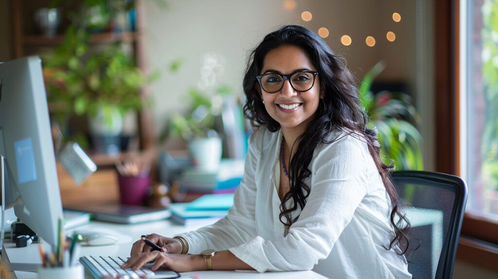 photo of a woman at her desk using MoneyLion to get a cash advance