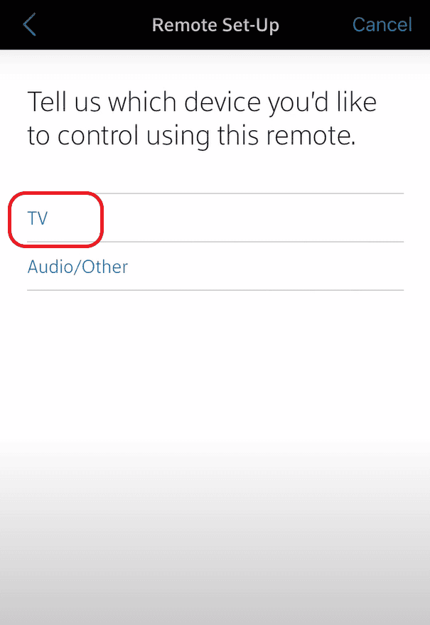 Choose TV for the device you're choosing to control