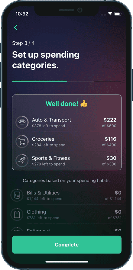 screenshot of setting up categories on PocketGuard