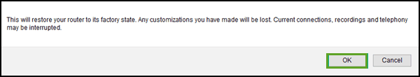 Click on the OK button to Reset Arris Router