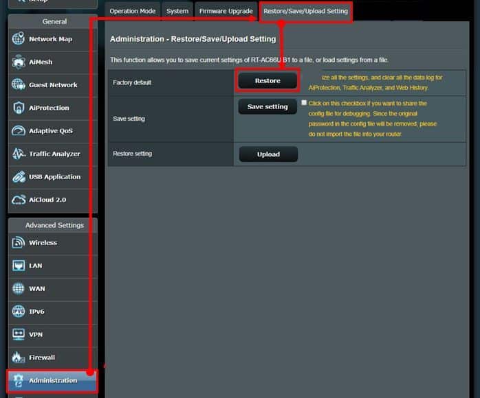 Click on the Restore/Save/Upload Setting option