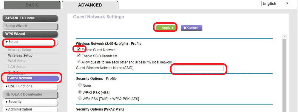Enter the guest network name and apply the settings
