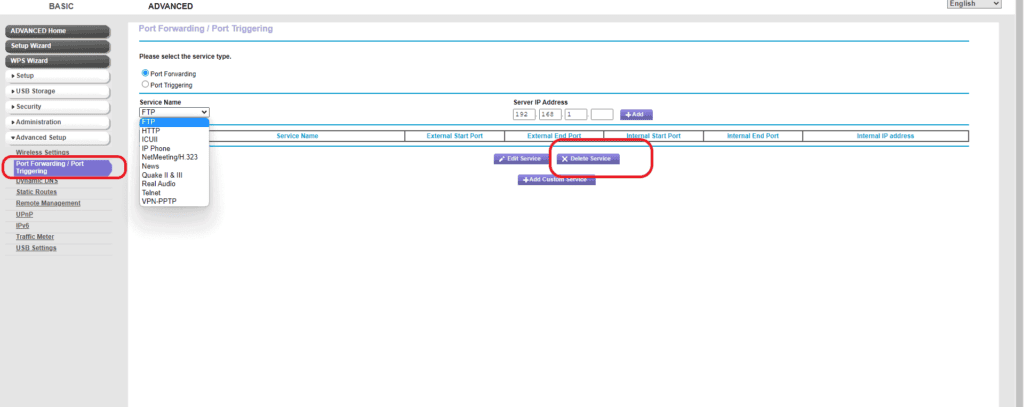 In the Advance setup menu, Click on port forwarding