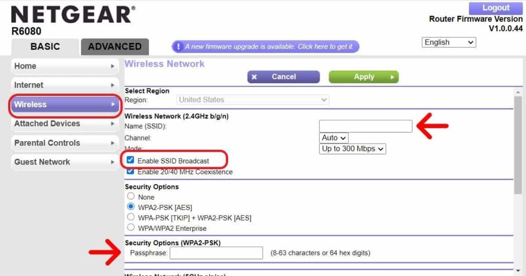 Uncheck the Enable SSID broadcast to disable broadcast