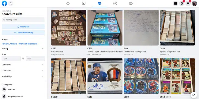Facebook Marketplace selling hockey cards.