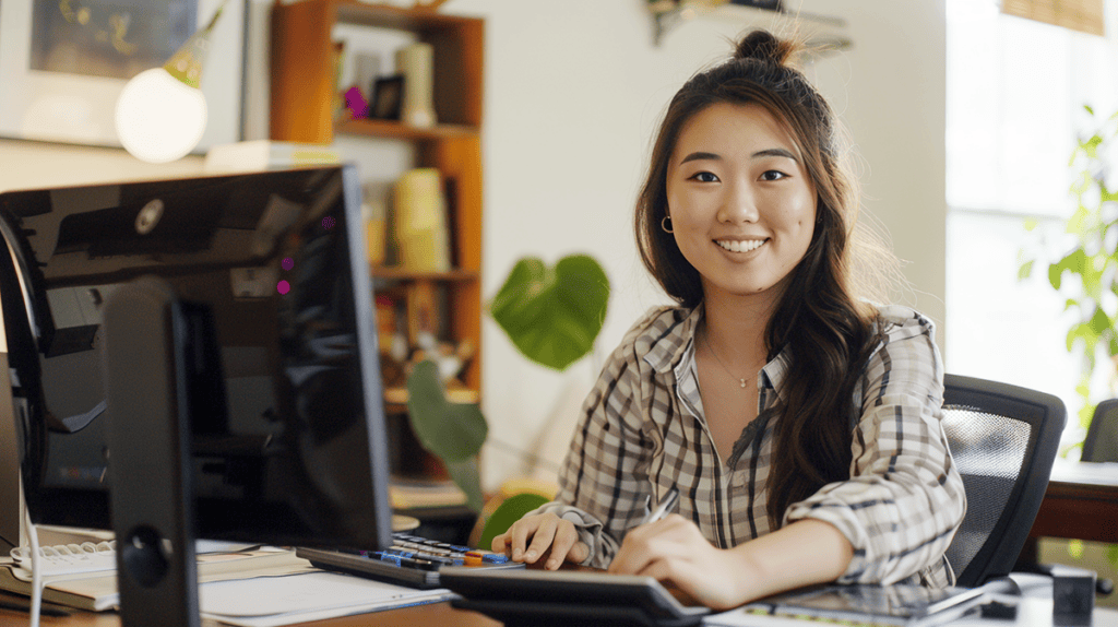 photo of a woman at her desk using spending cap budgeting
