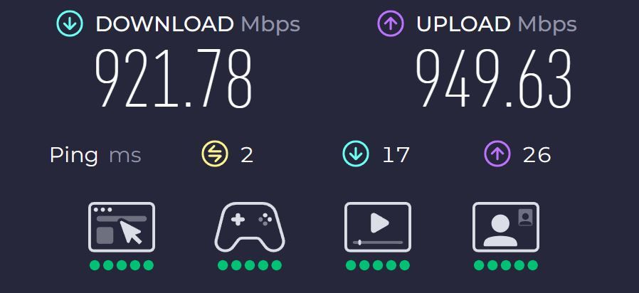 screenshot of an internet speed test