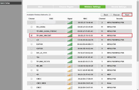 Choose the wireless network to extend