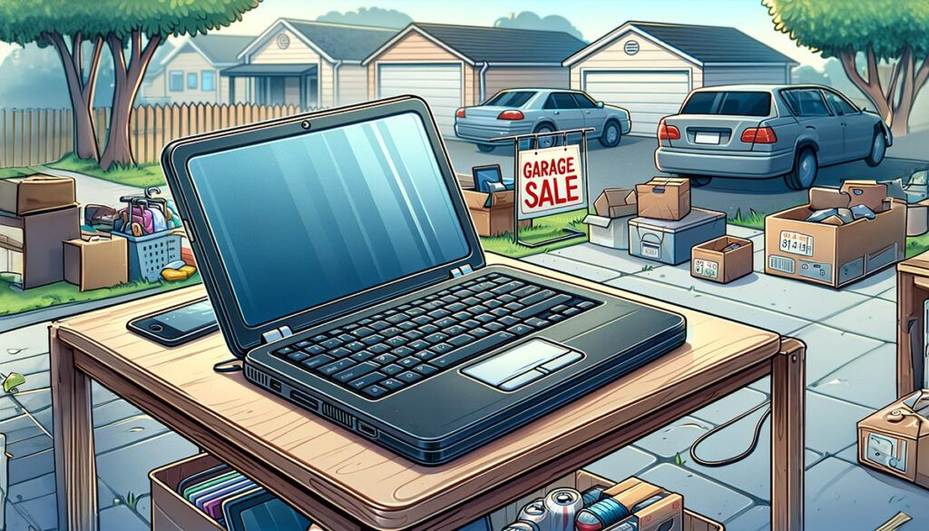 illustration of a laptop being sold at a garage sale