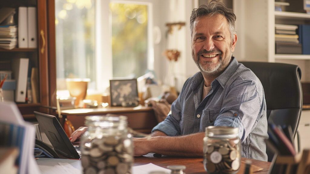 photo of a man with jars of coins