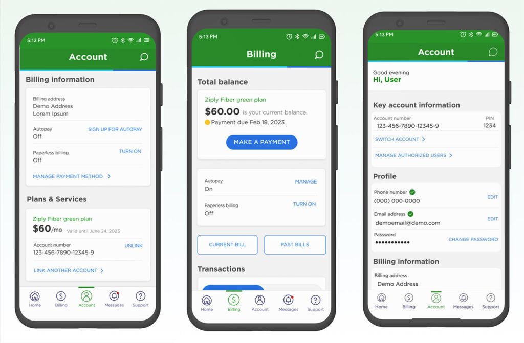 screenshots of the Ziply Fiber mobile app
