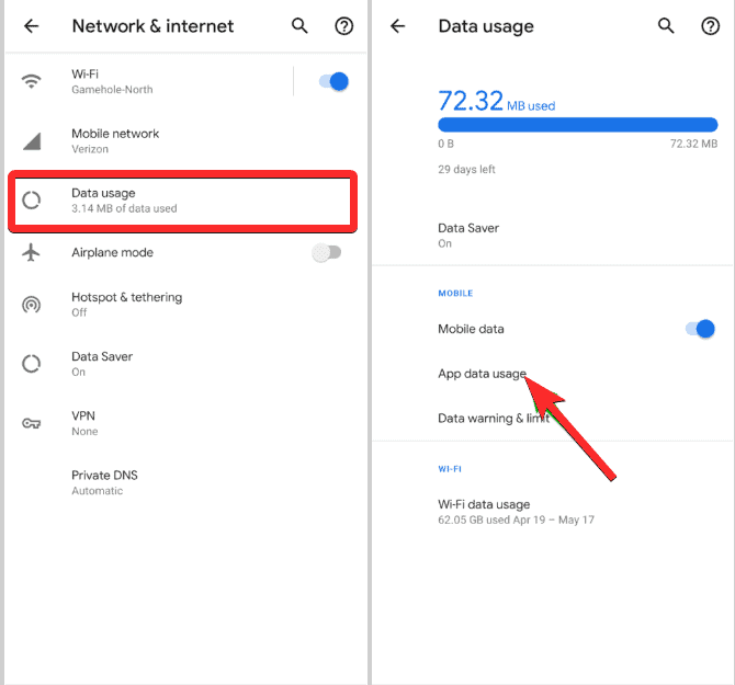 Click on app data usage