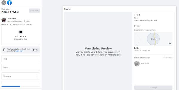 Create listing Facebook Marketplace