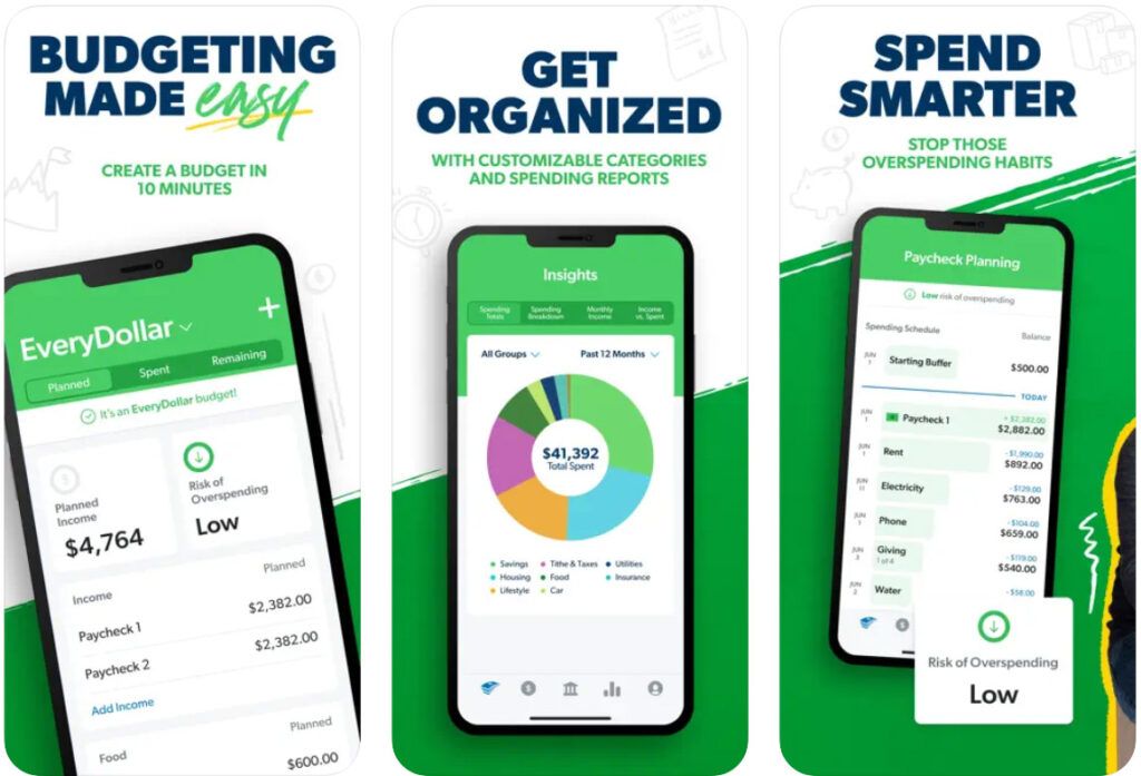 screenshots of the EveryDollar budgeting app